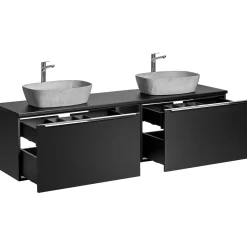 Mobile bagno sospeso 140cm con 2 lavabi, specchio e colonna nero Serif