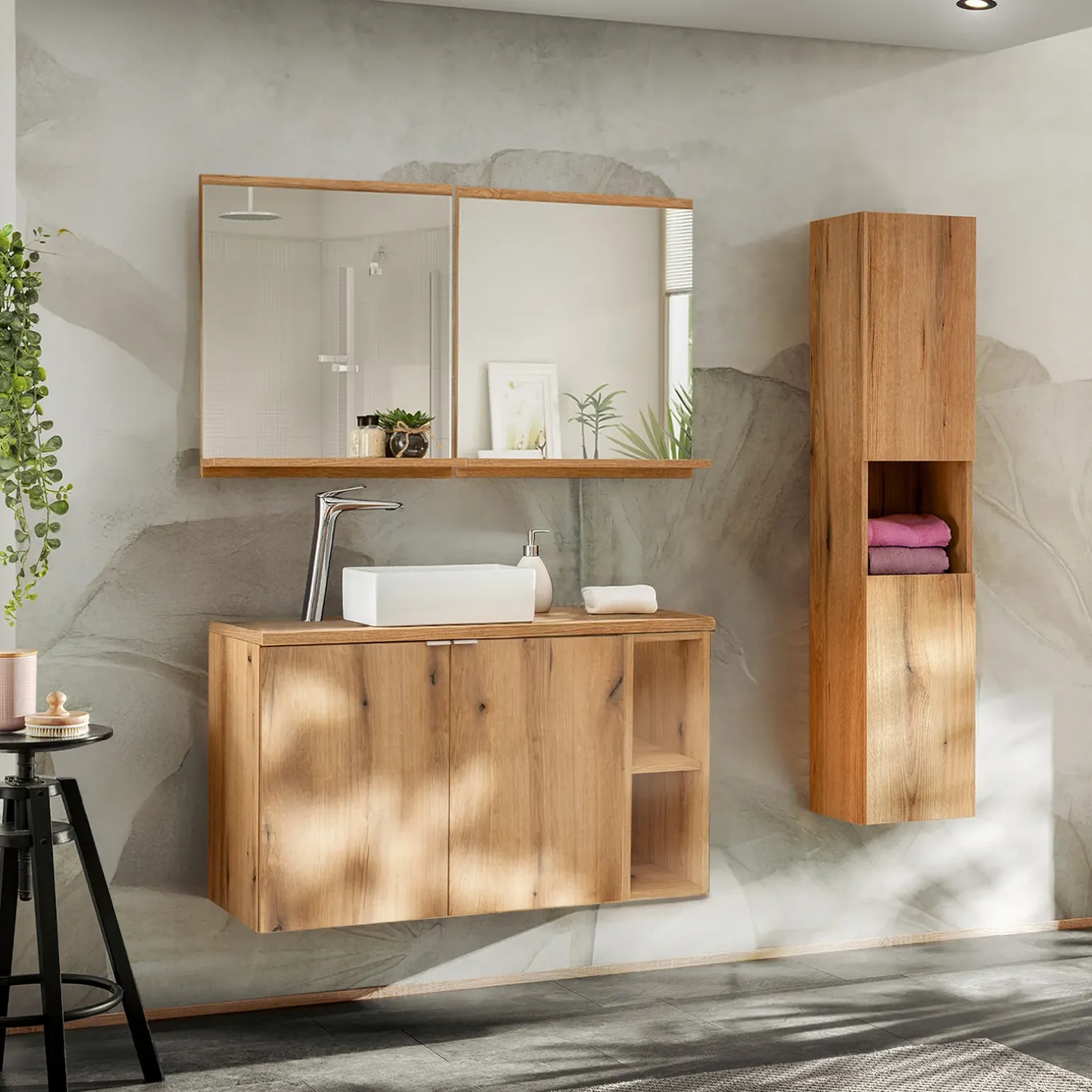 Mobile bagno sospeso 80cm con colonna rovere Rovery