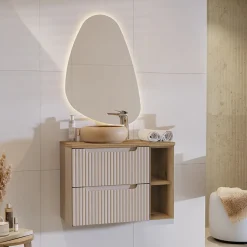 Mobile bagno sospeso 80cm cannettato 2 cassetti e vani beige rovere Cleany