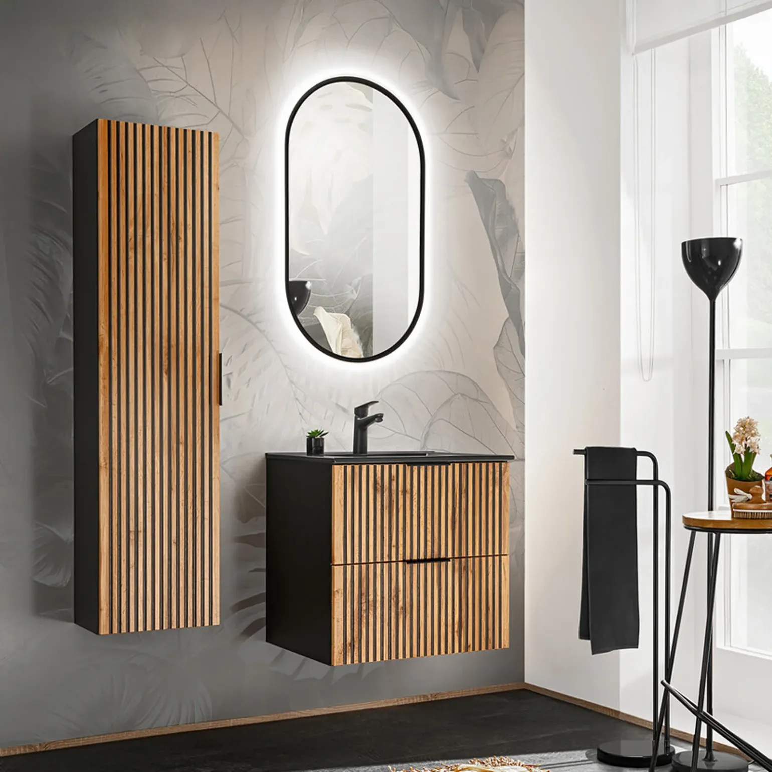 Mobile bagno sospeso 60cm cm con lavabo nero da incasso quercia antracite Limpid