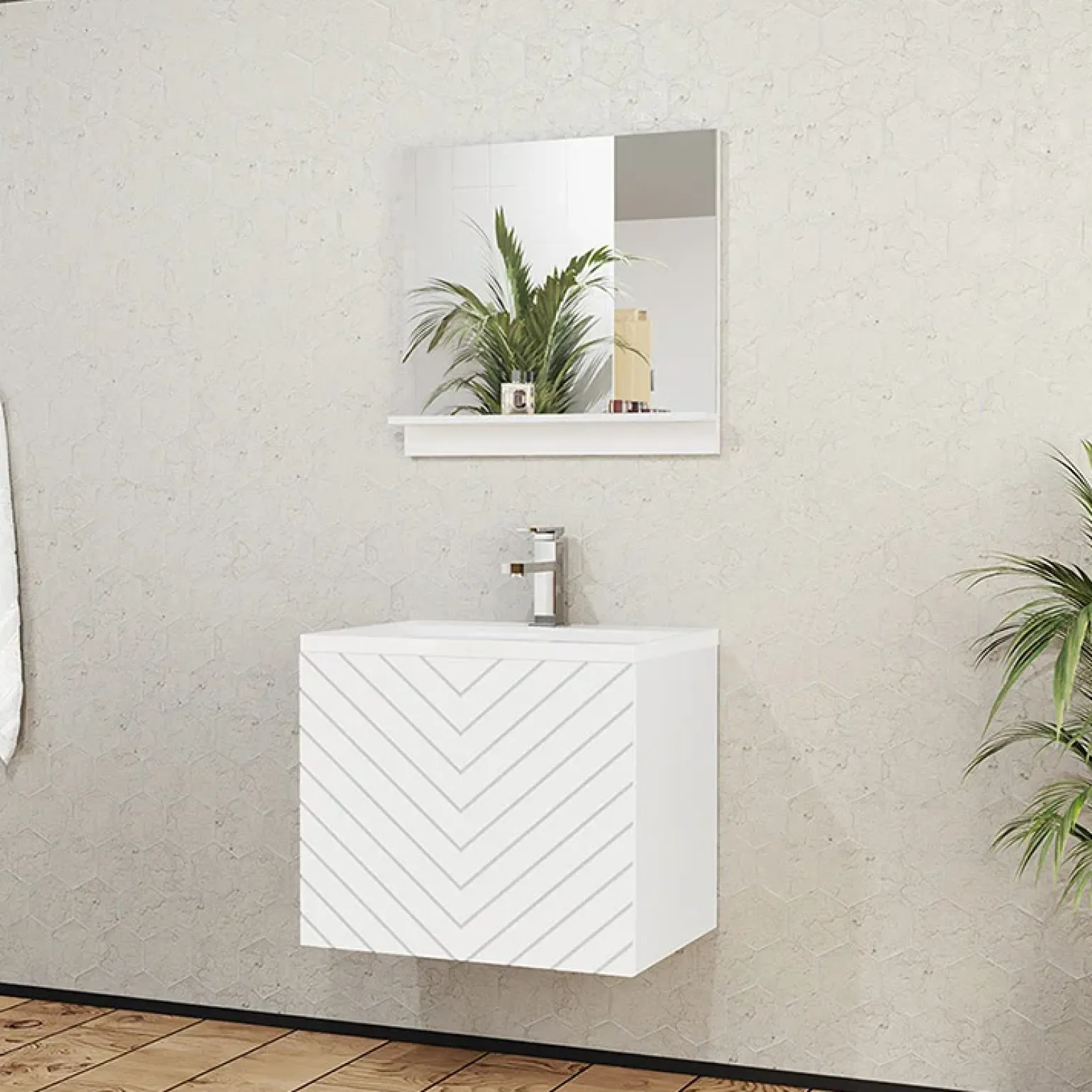 Mobile bagno sospeso 60cm con lavabo e specchio serigrafato bianco Baden 10