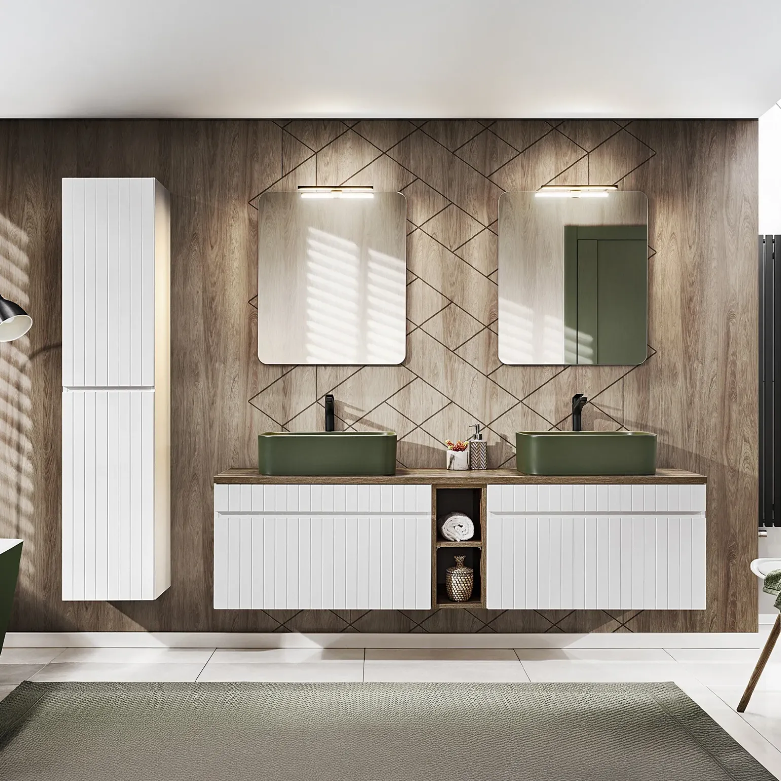 Mobile bagno sospeso 180cm cannettato 2 cassettoni bianco quercia Autentic
