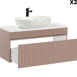 Mobile bagno sospeso 160cm cannettato con 2 lavabi, colonna e specchio rosa Autentic