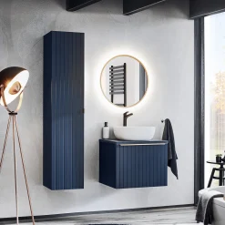 Mobile bagno sospeso 60cm con lavabo, specchio rotondo e colonna cannettato blu Deep