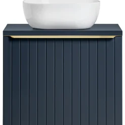 Mobile bagno sospeso 60cm con lavabo, specchio rotondo e colonna cannettato blu Deep