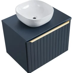 Mobile bagno sospeso 60cm con lavabo, specchio rotondo e colonna cannettato blu Deep