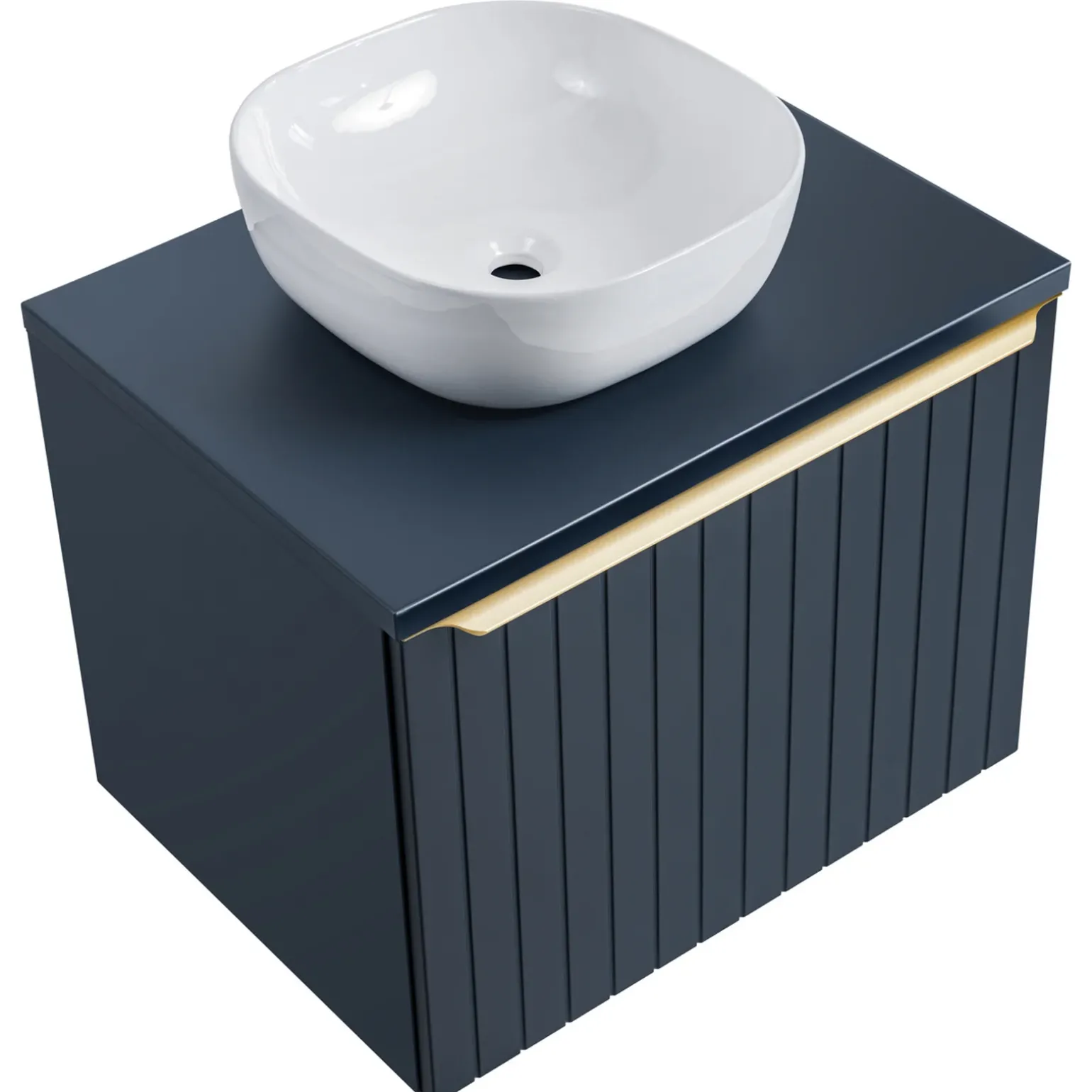 Mobile bagno sospeso 60cm con lavabo, specchio rotondo e colonna cannettato blu Deep