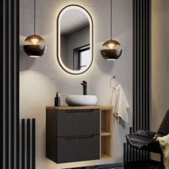 Mobile bagno sospeso 80cm cannettato 2 cassetti e vani nero rovere Cleany