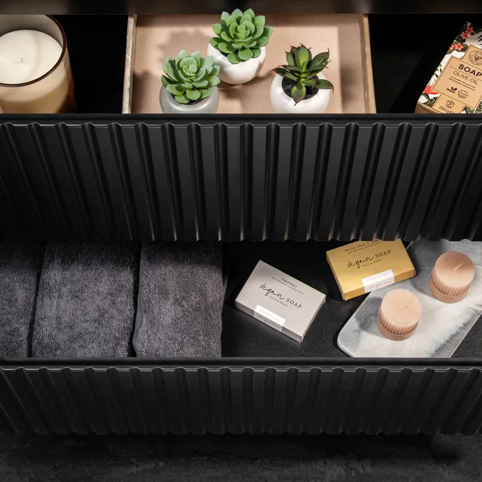 Mobile bagno sospeso 80cm cannettato 2 cassetti e vani nero rovere Cleany