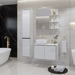 Mobile bagno sospeso 78cm con specchio e colonna bianco lucido nero Linda