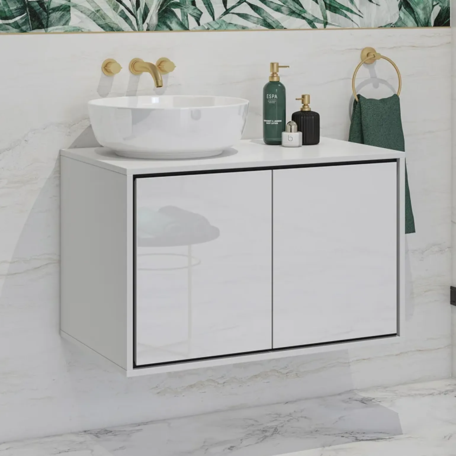 Mobile bagno sospeso 78cm con specchio e colonna bianco lucido nero Linda