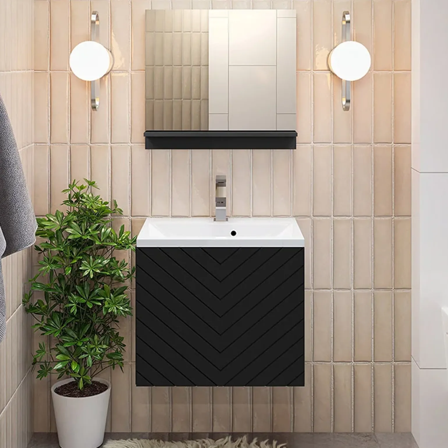 Mobile bagno sospeso 60cm con lavabo e specchio serigrafato nero Baden 10