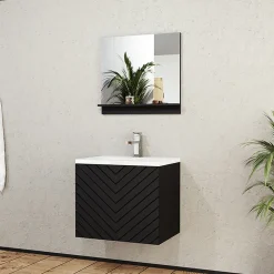 Mobile bagno sospeso 60cm con lavabo e specchio serigrafato nero Baden 10