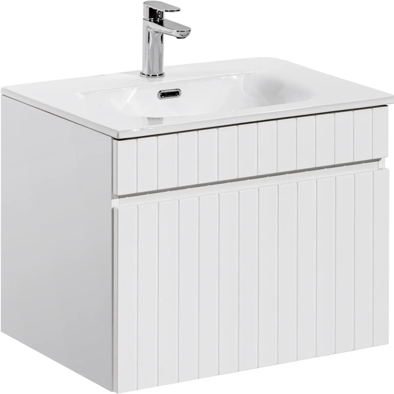 Mobile bagno sospeso 60cm cannettato con lavabo da incasso, colonna e specchio bianco Autentic