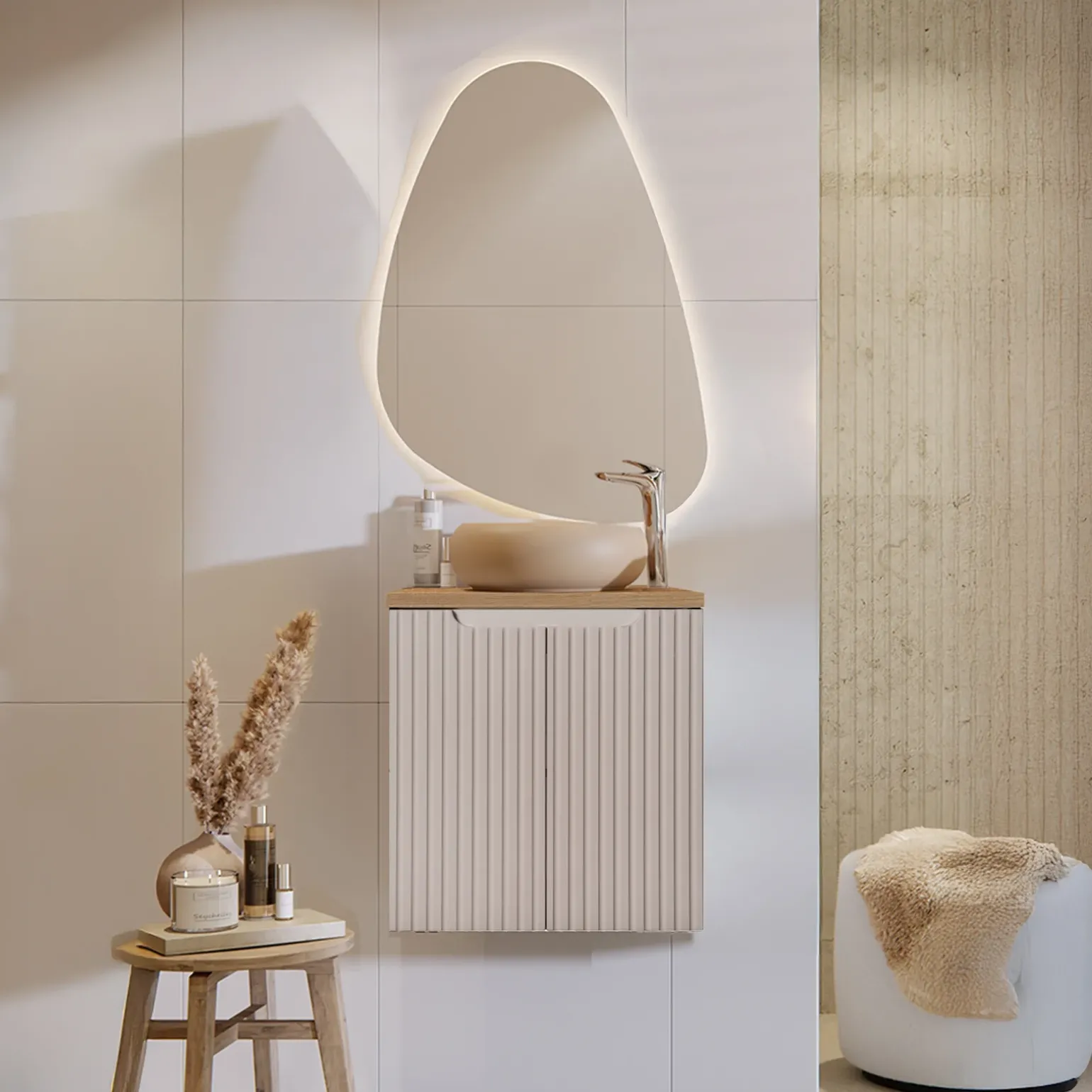 Mobile bagno sospeso 50cm cannettato 2 ante beige rovere Cleany