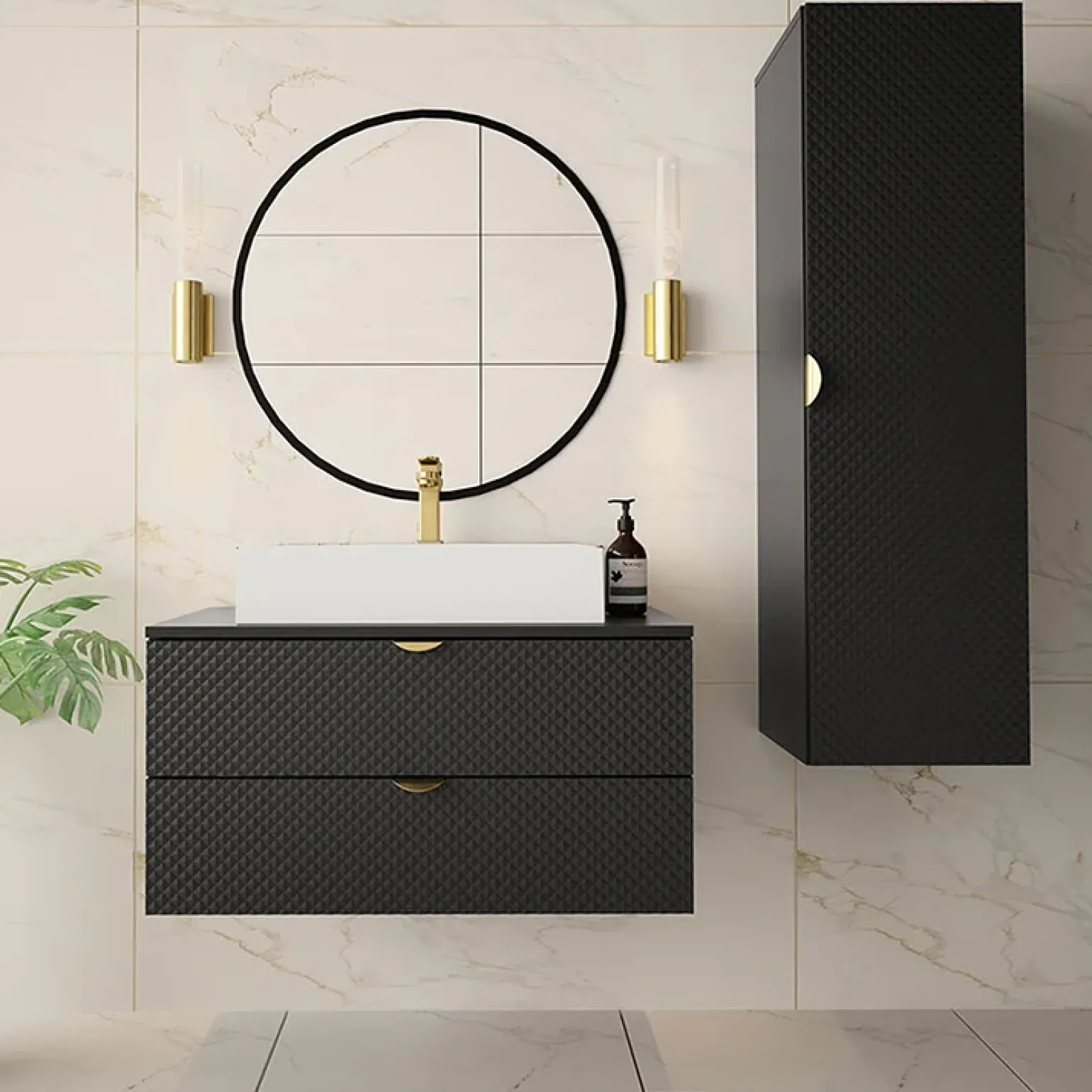 Mobile bagno sospeso 80cm nero con colonna Hakone 2