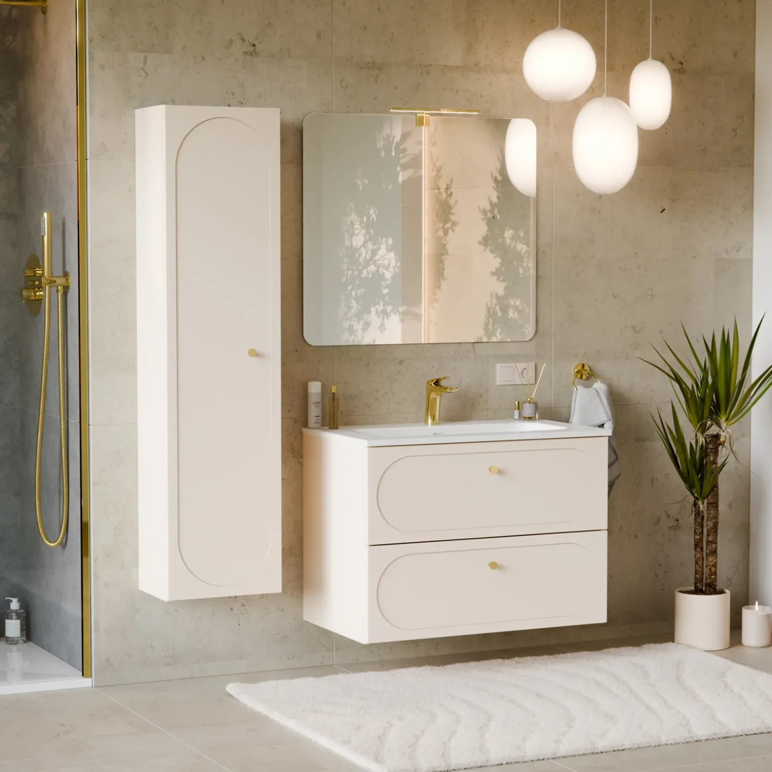 Mobile bagno sospeso fresato 80cm con lavabo 2 cassetti beige Sand