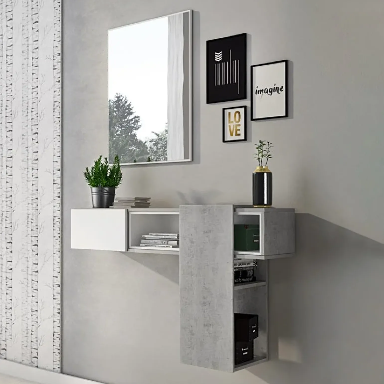 Mobile ingresso sospeso 100x185h cm con specchio bianco cemento Rich Gihome®