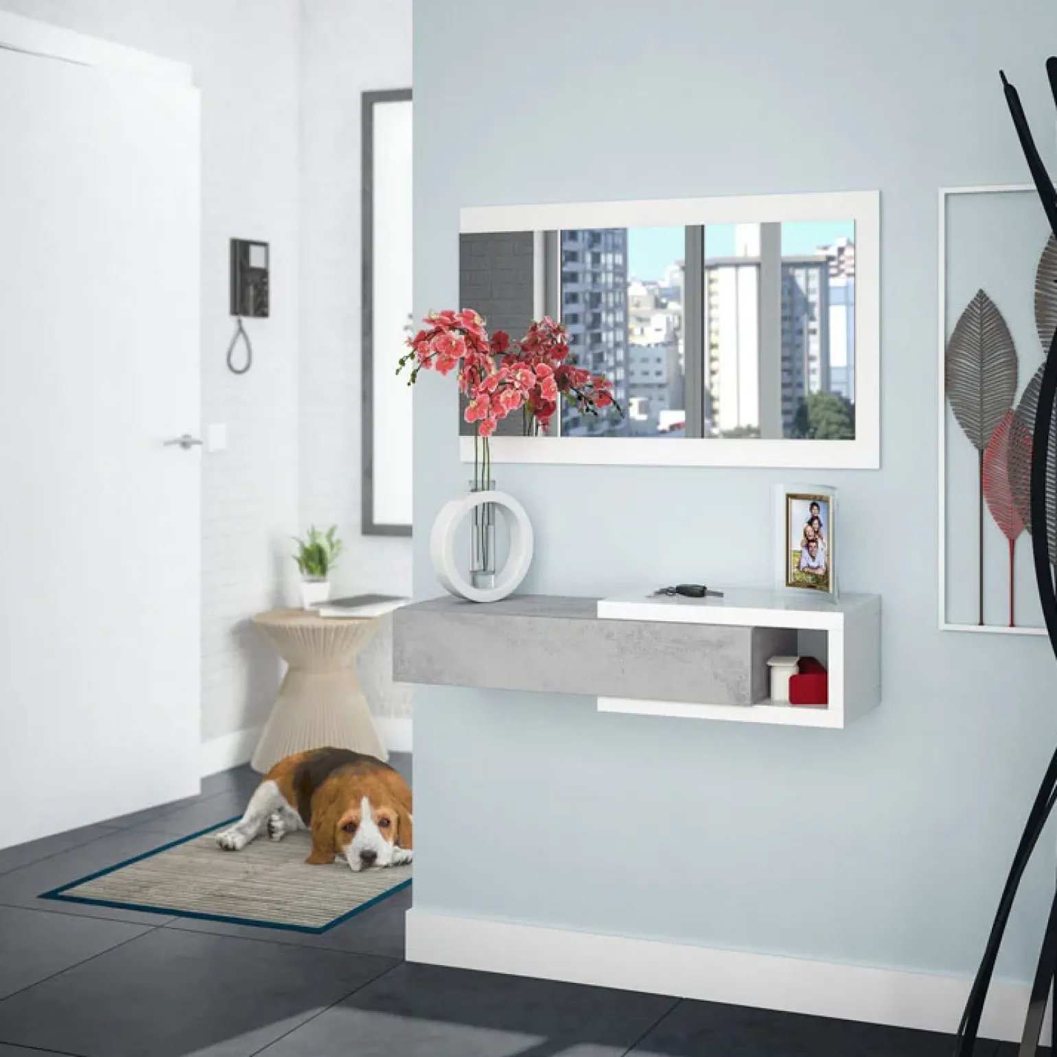 Mobile ingresso sospeso 95x99h cm con specchio bianco opaco cemento Mercury
