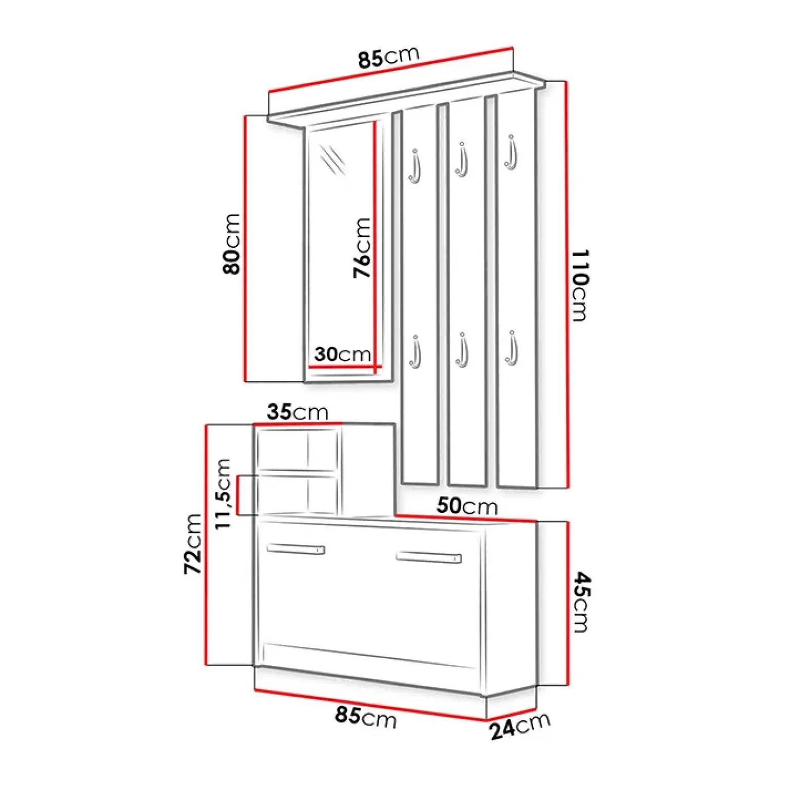 Mobile ingresso 85x180h cm con specchio scarpiera nero Bergen