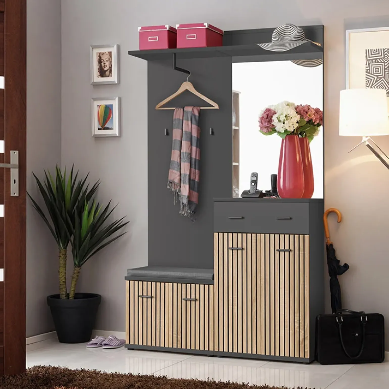Mobile ingresso 120x203h cm con specchio rovere antracite stampa a righe San Francisco Gihome®