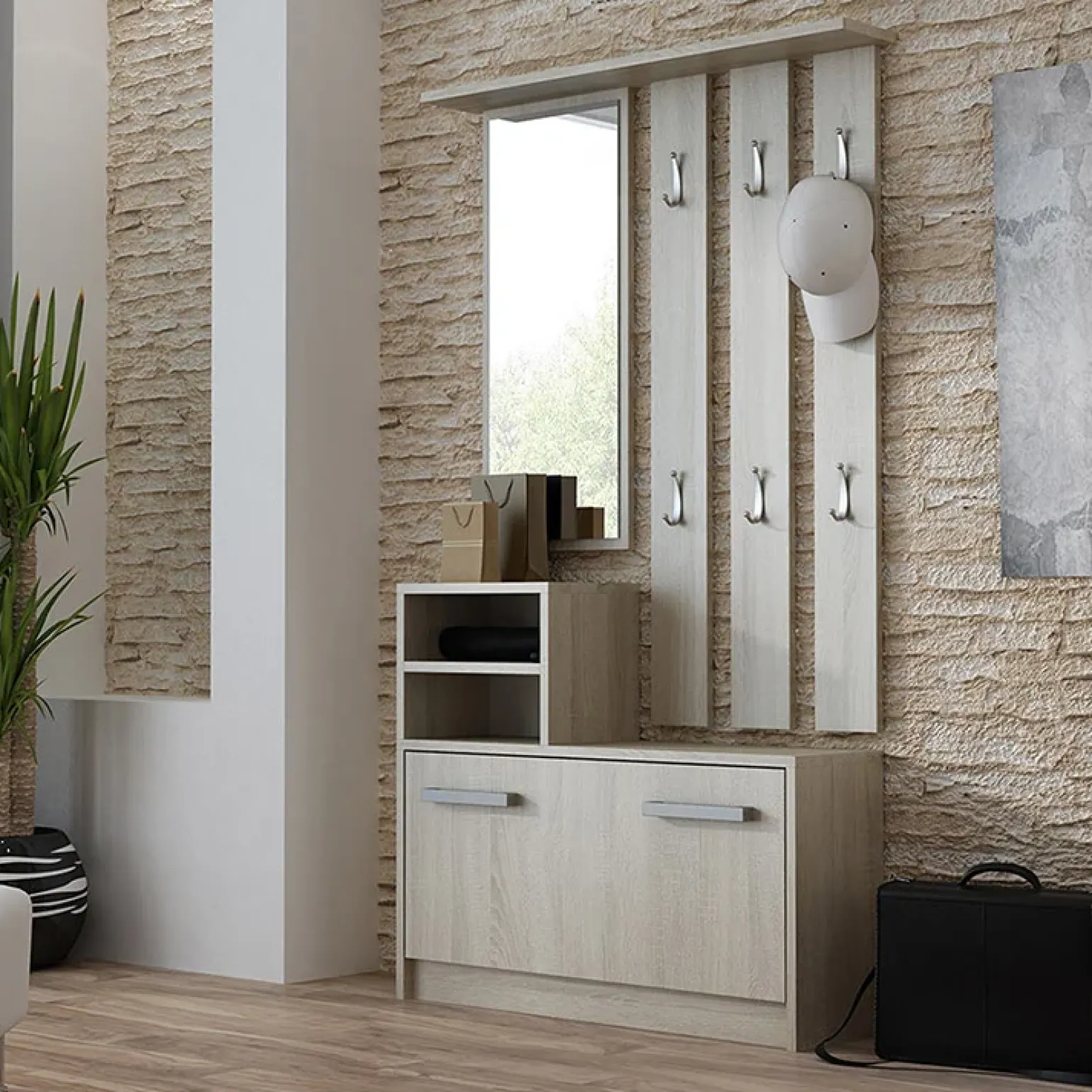 Mobile ingresso 85x180h cm con specchio scarpiera rovere Bergen