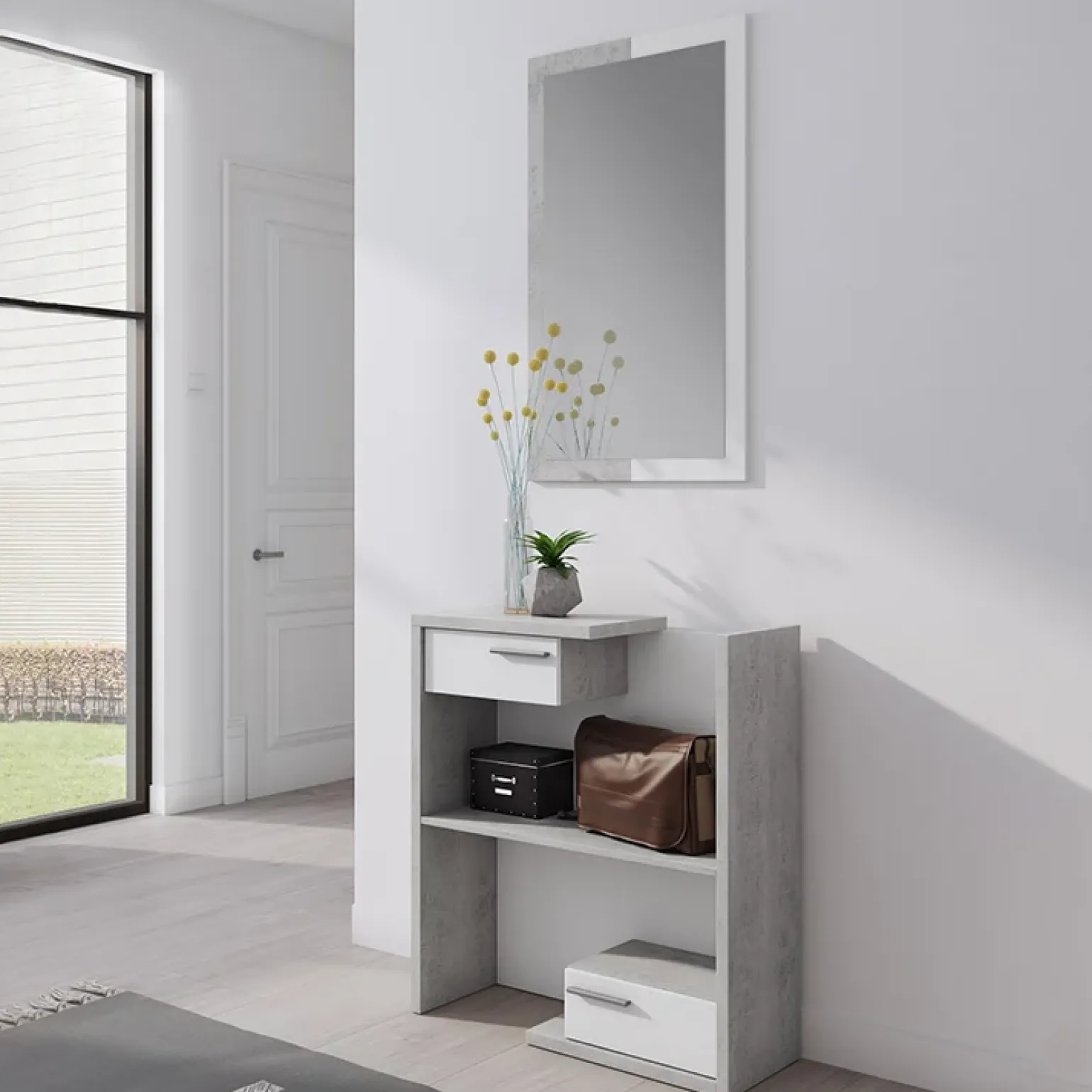 Mobile ingresso 83x190h cm con specchio cemento bianco frassinato Tesla