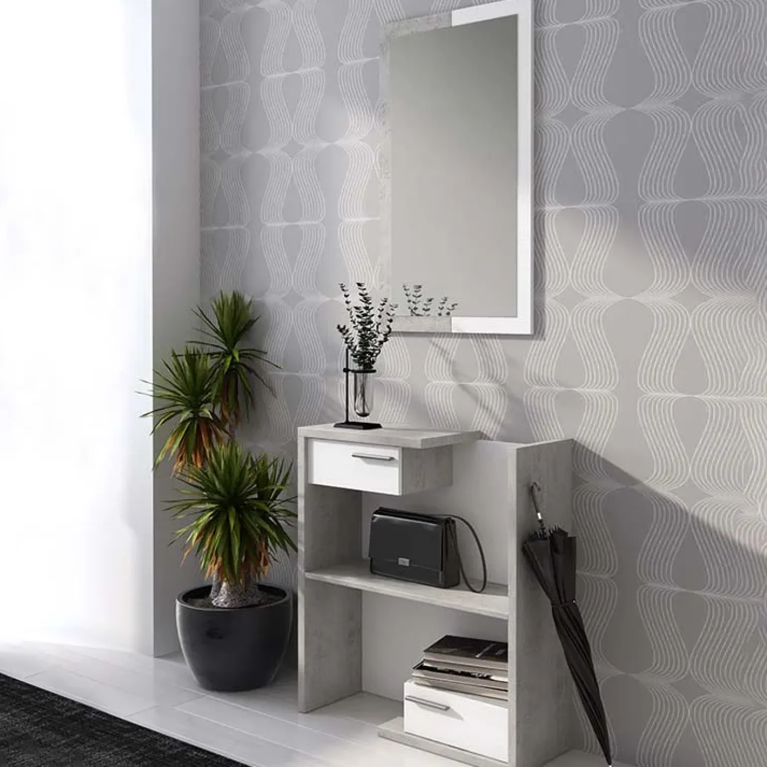 Mobile ingresso 83x190h cm con specchio cemento bianco frassinato Tesla