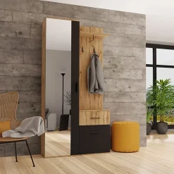 Mobile ingresso 97x195h cm con specchio 1 cassetto 2 ante rovere nero Assen