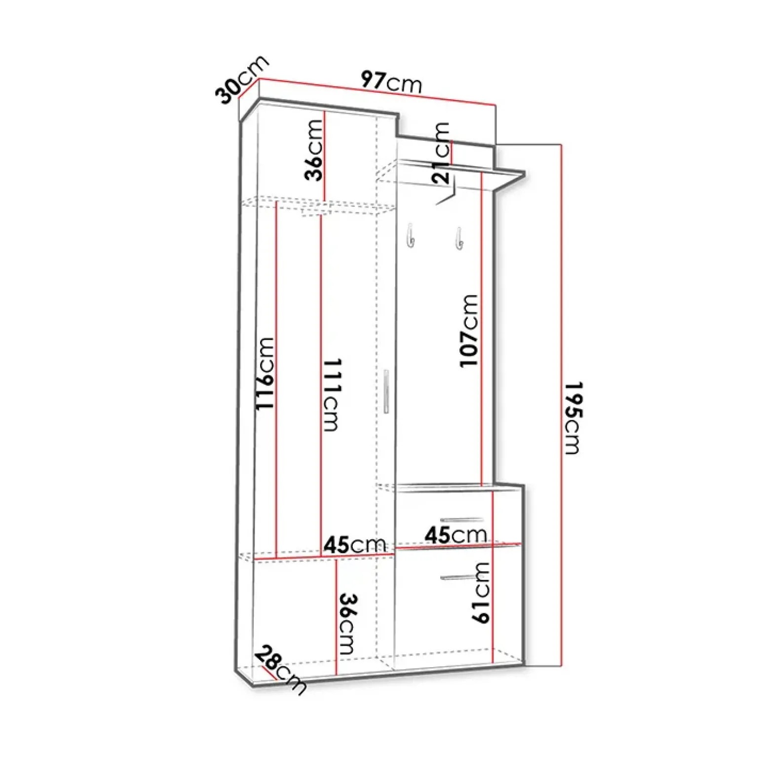 Mobile ingresso 97x195h cm con specchio 1 cassetto 2 ante rovere nero Assen