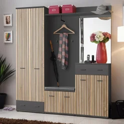 Mobile ingresso 180x203h cm con specchio moderno rovere antracite stampa a righe New York Gihome®