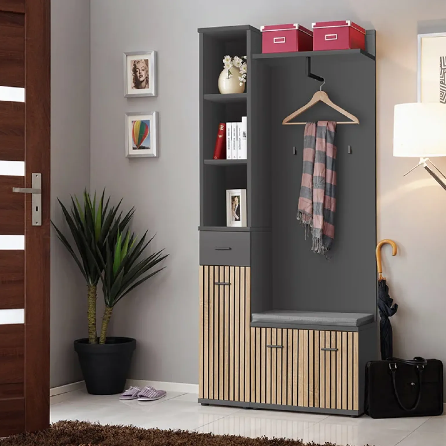 Mobile ingresso 90x203h cm moderno rovere antracite stampa a righe Arizona Gihome®
