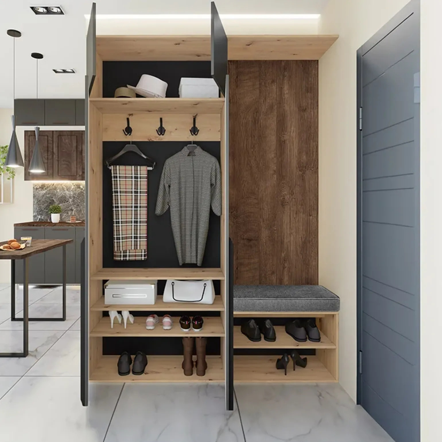 Mobile ingresso 160x221h cm nero opaco rovere scuro Acerbo