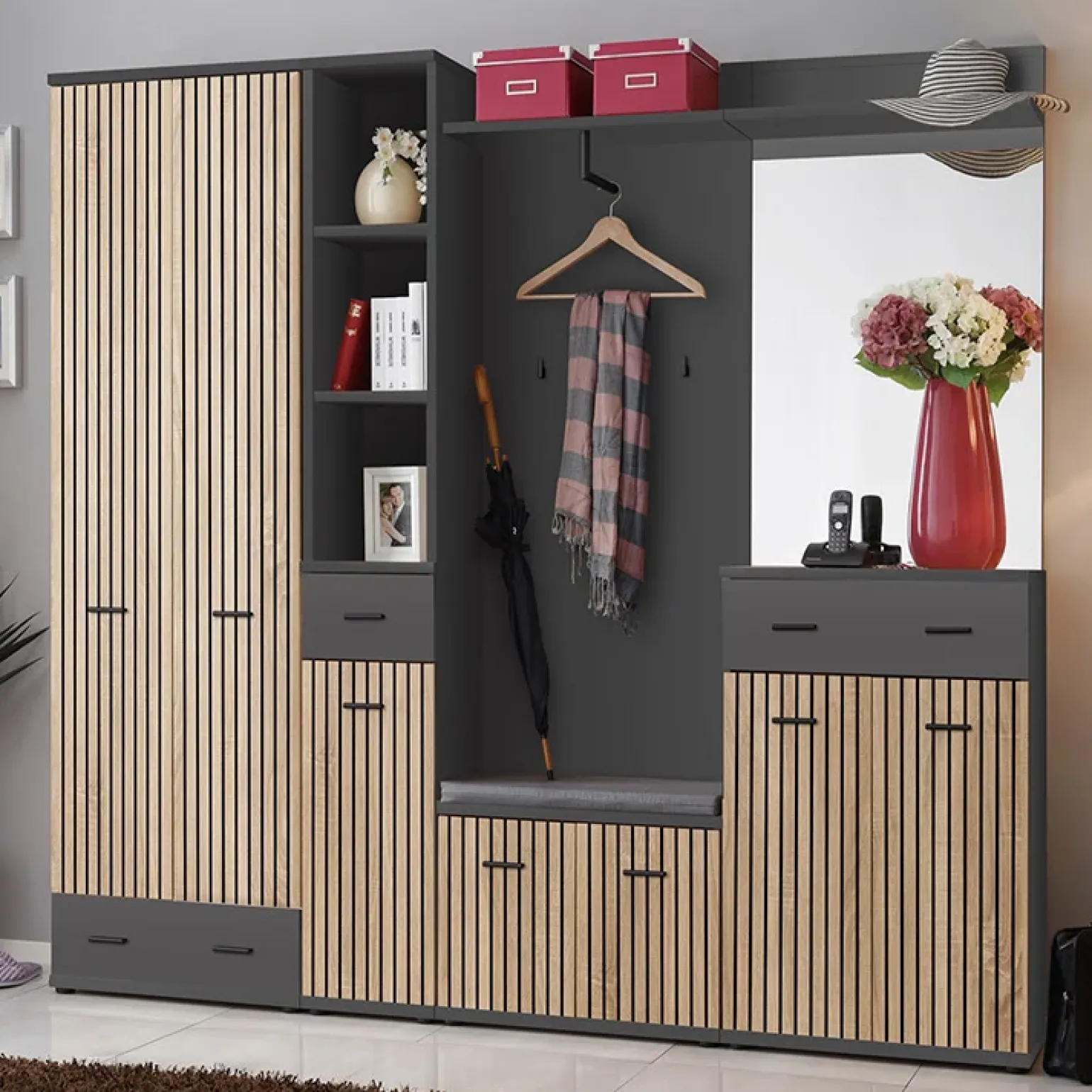 Mobile multiuso basso ingresso 60x96h cm rovere antracite San Francisco, New York, California Gihome®