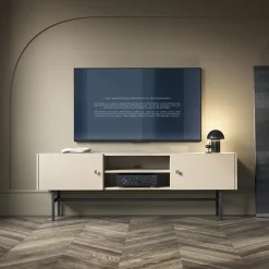 Mobile porta TV moderno 155x52h cm 2 ante e vani a giorno beige Eterna
