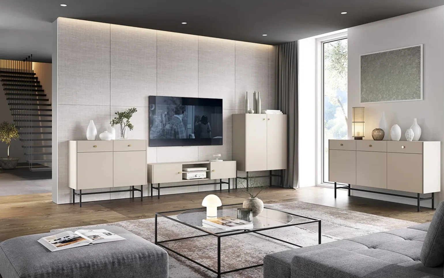 Mobile porta TV moderno 155x52h cm 2 ante e vani a giorno beige Eterna