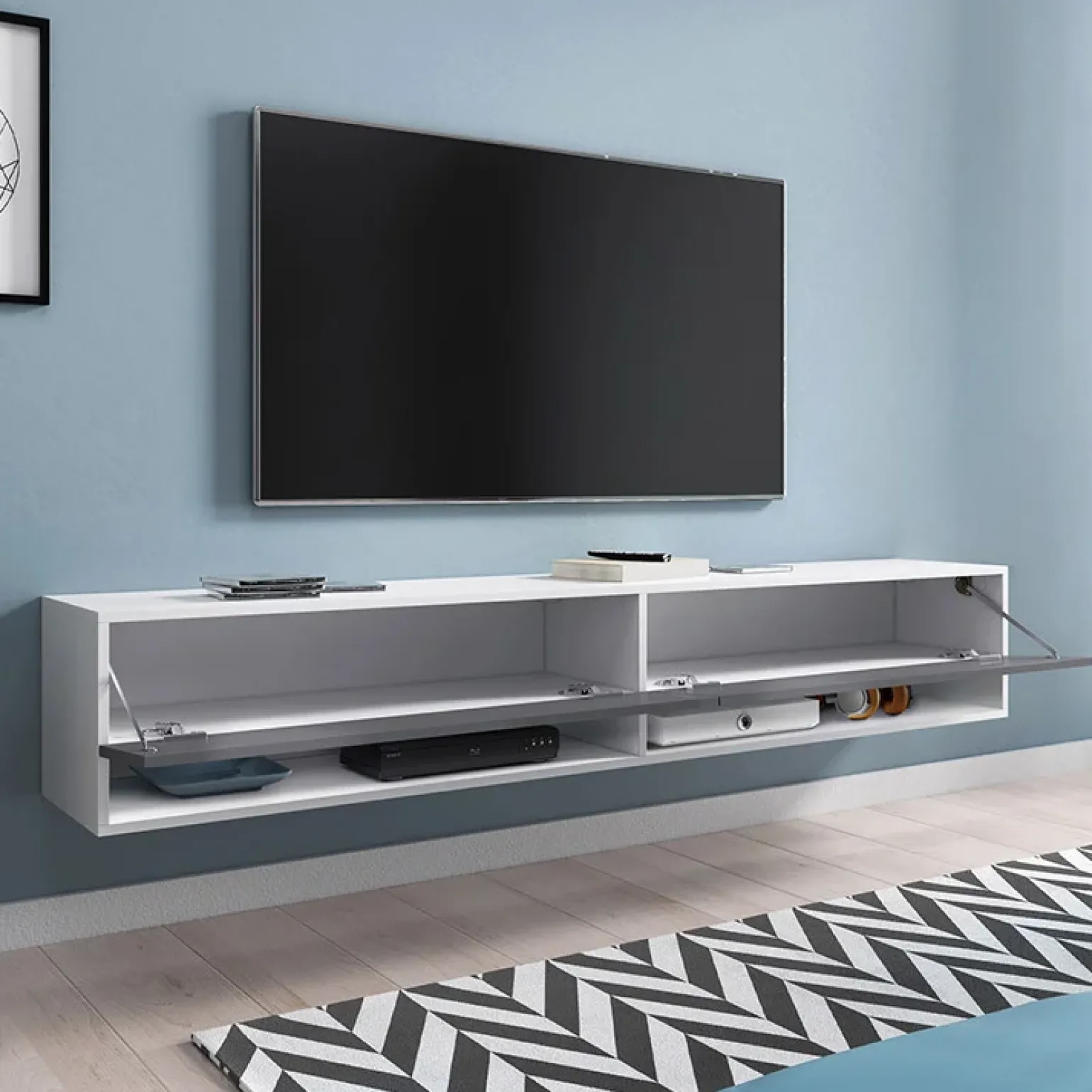 Mobile porta TV sospeso 180x30h cm con LED bianco lucido Gregoria