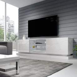 Mobile porta tv sospeso 200x57h cm 2 ante 2 vani a giorno bianco lucido Bianca