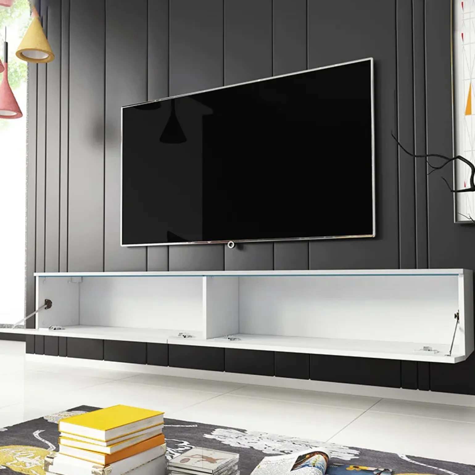 Mobile porta TV sospeso 180x30h cm design bianco lucido 2 ante Silvia
