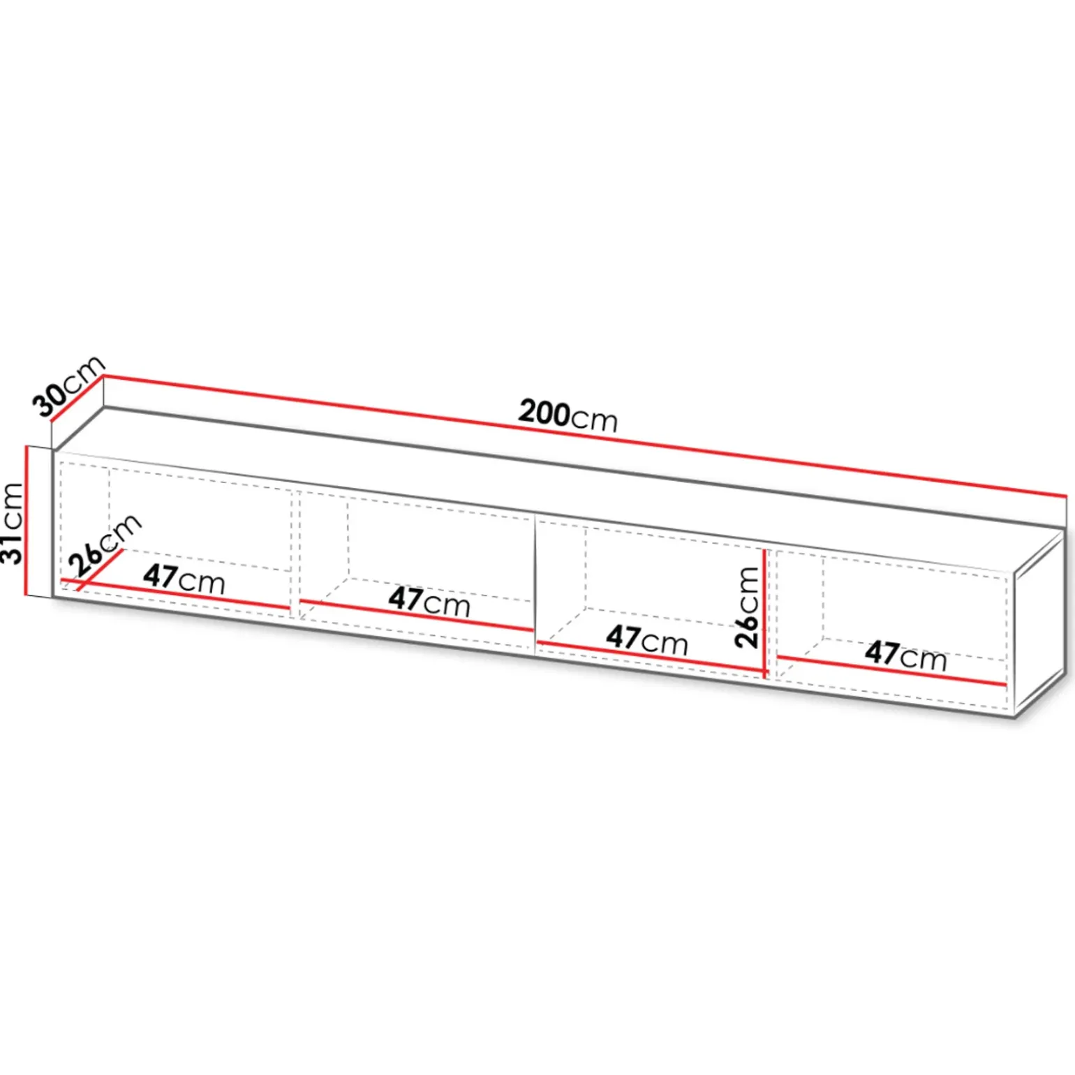 Mobile porta TV sospeso 200x31h cm 2 ante a ribalta nero opaco rovere wotan Mirel