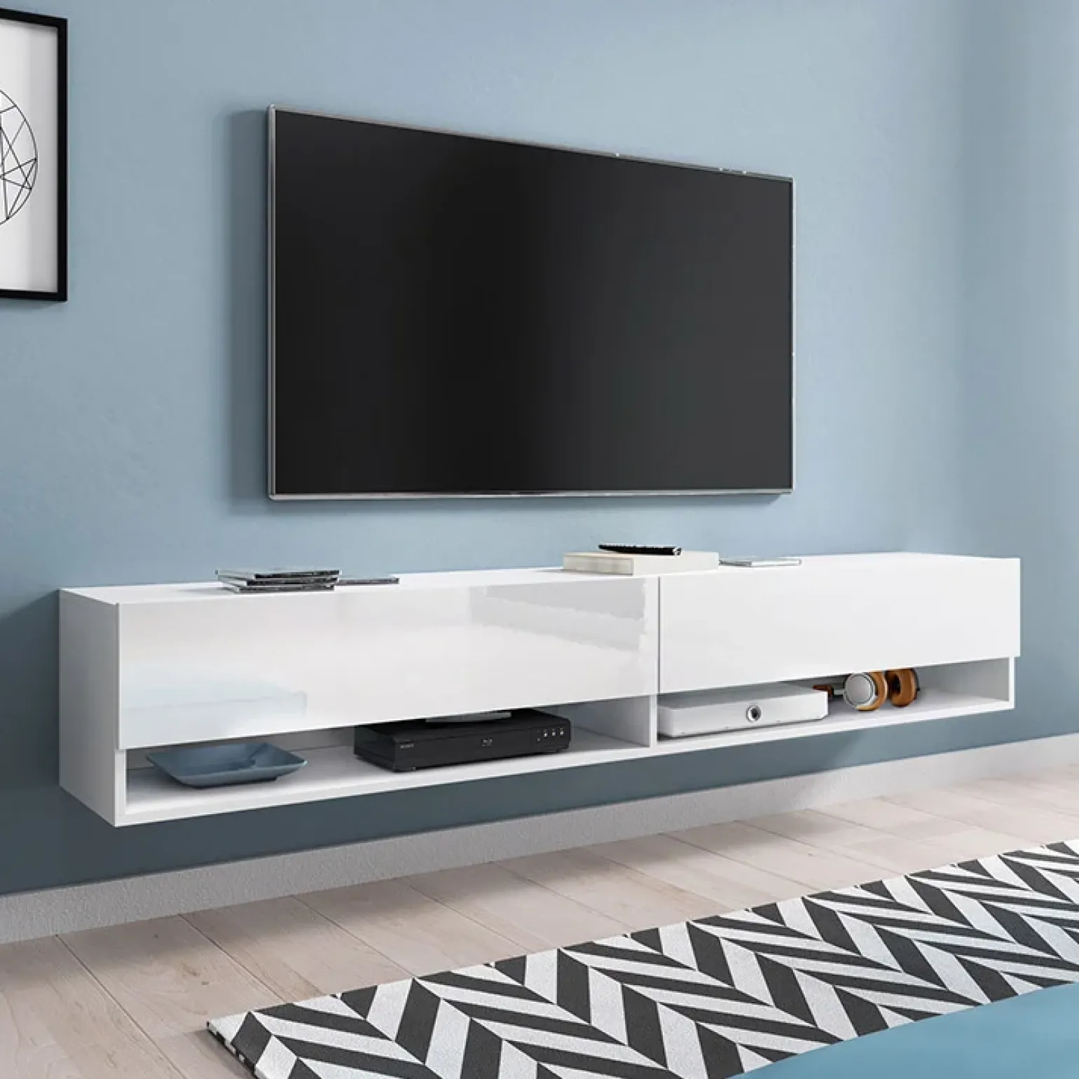 Mobile porta TV sospeso 180x30h cm 2 ante bianco lucido Gregoria