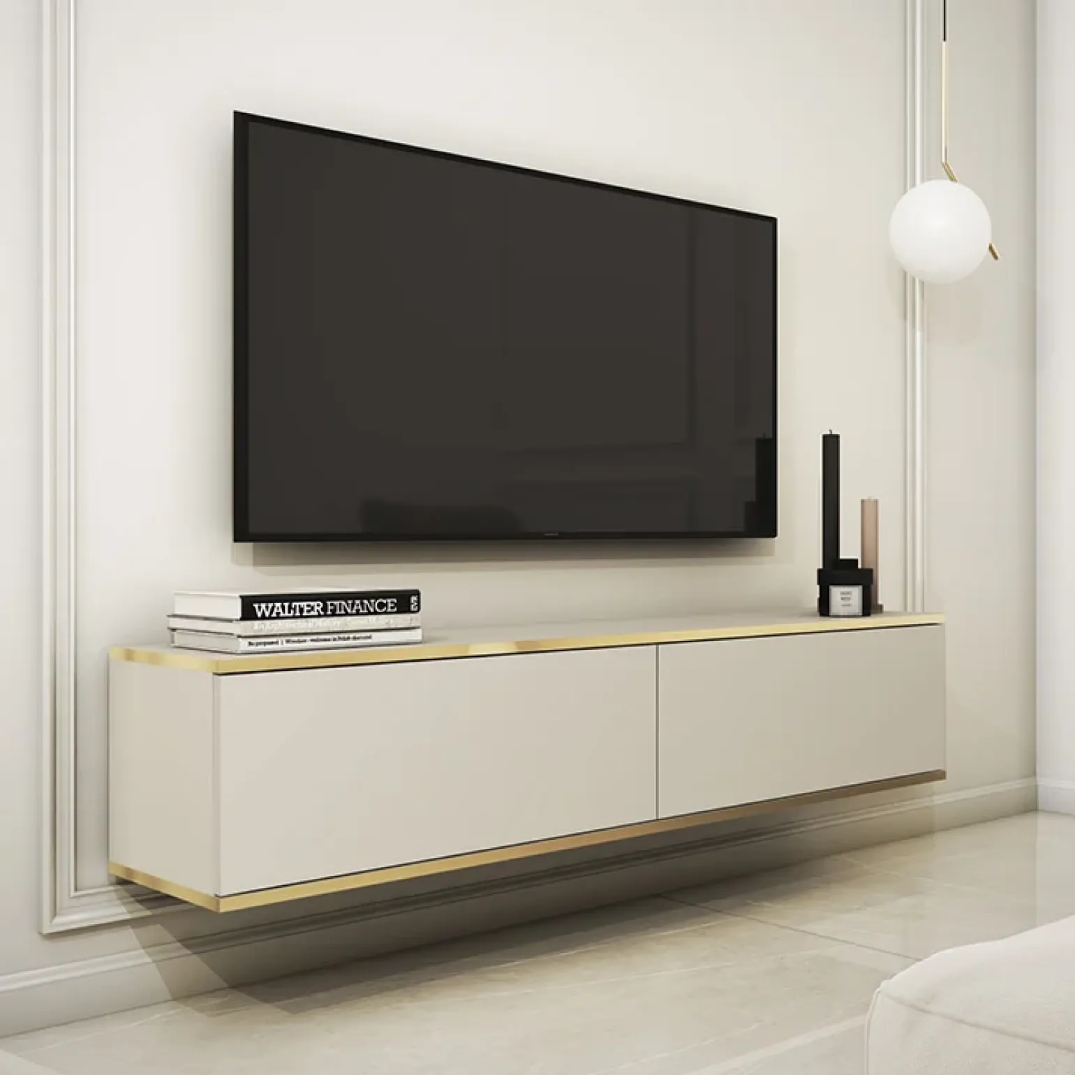 Mobile porta TV sospeso 135x30h cm 2 ante moderno beige oro Linus