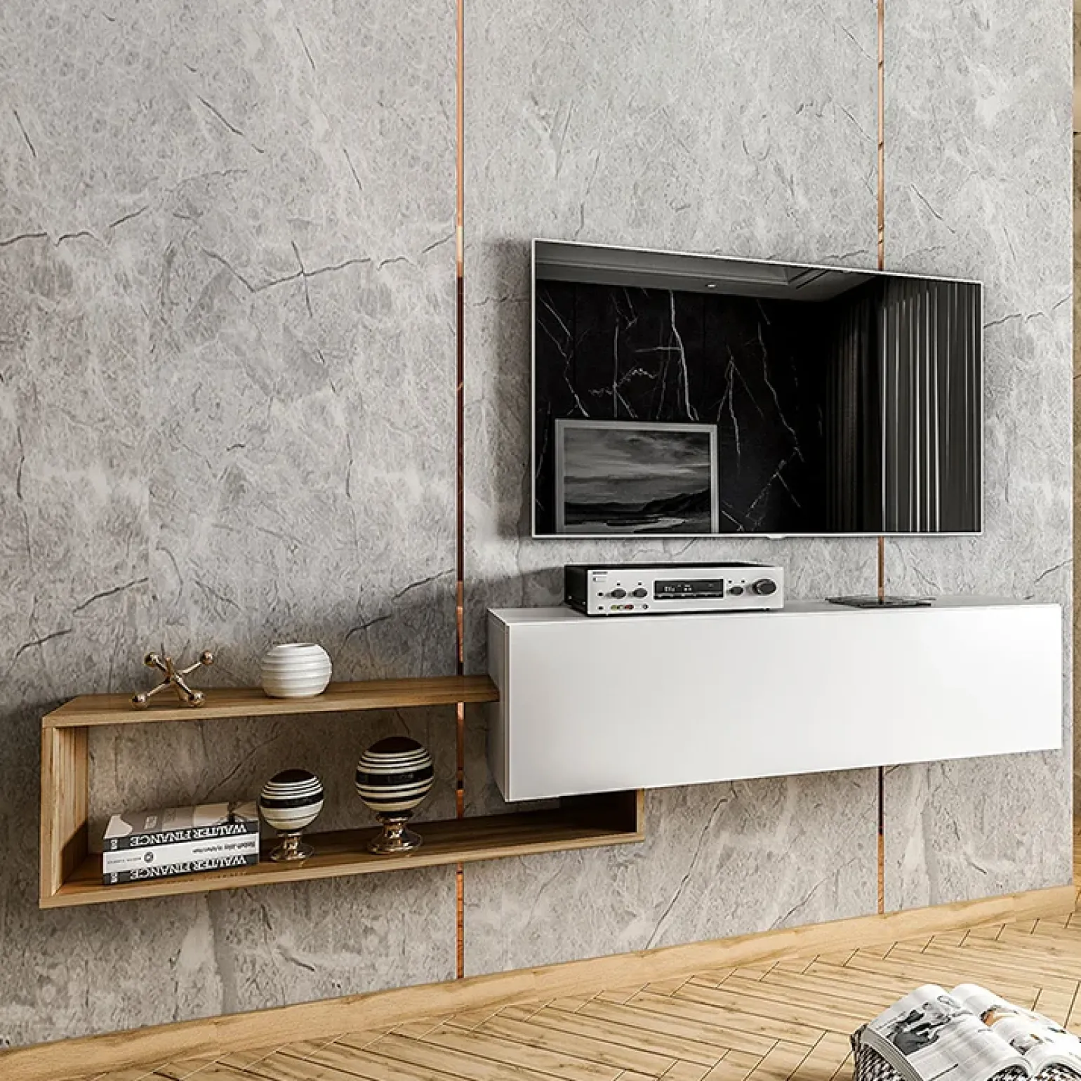 Mobile porta TV sospeso 210x48h cm moderno rovere bianco Brigida
