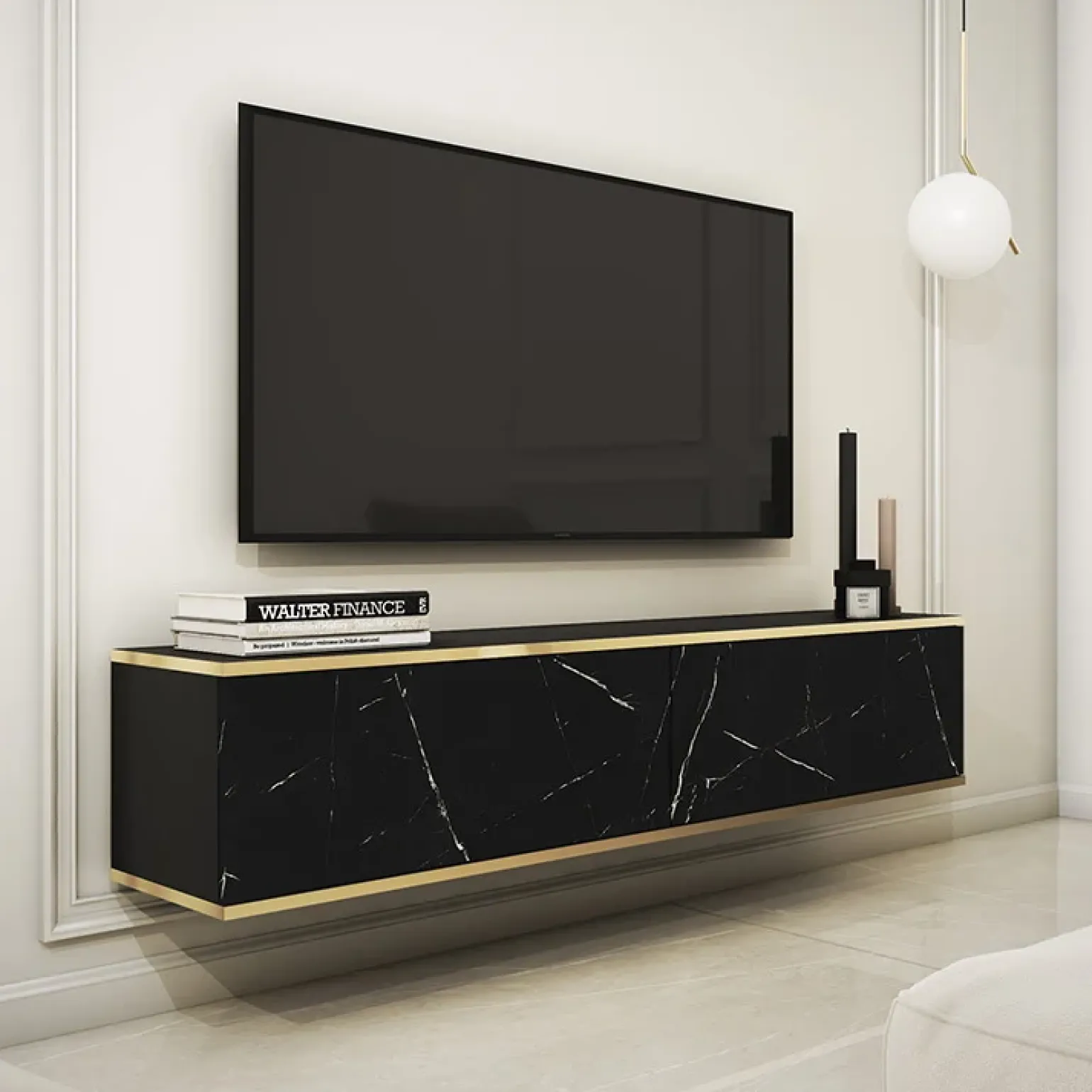Mobile porta TV sospeso 135x30h cm 2 ante moderno effetto marmo nero oro Linus