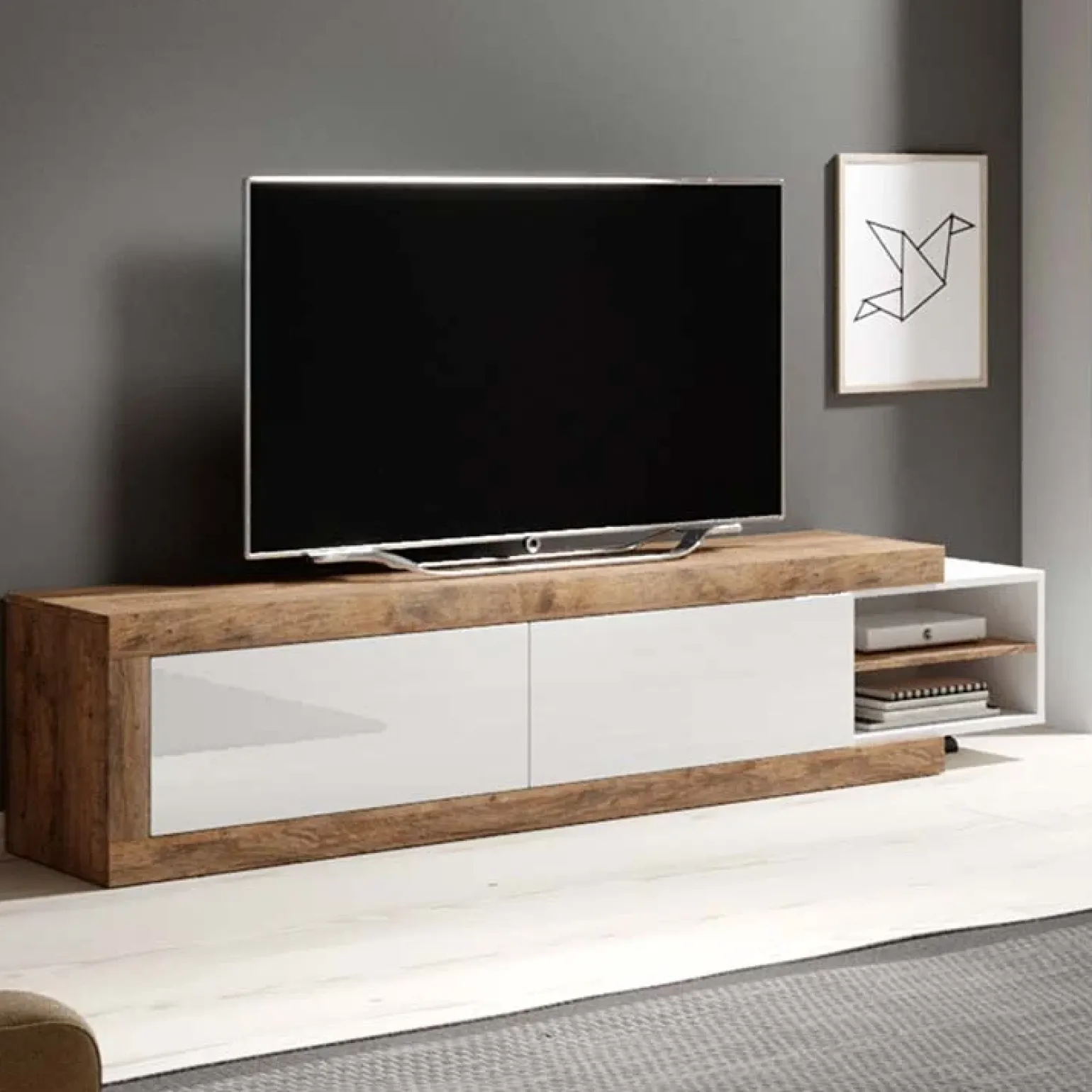 Mobile porta TV 200/242x 44h cm 2 ante moderno estraibile bianco lucido rovere Aria