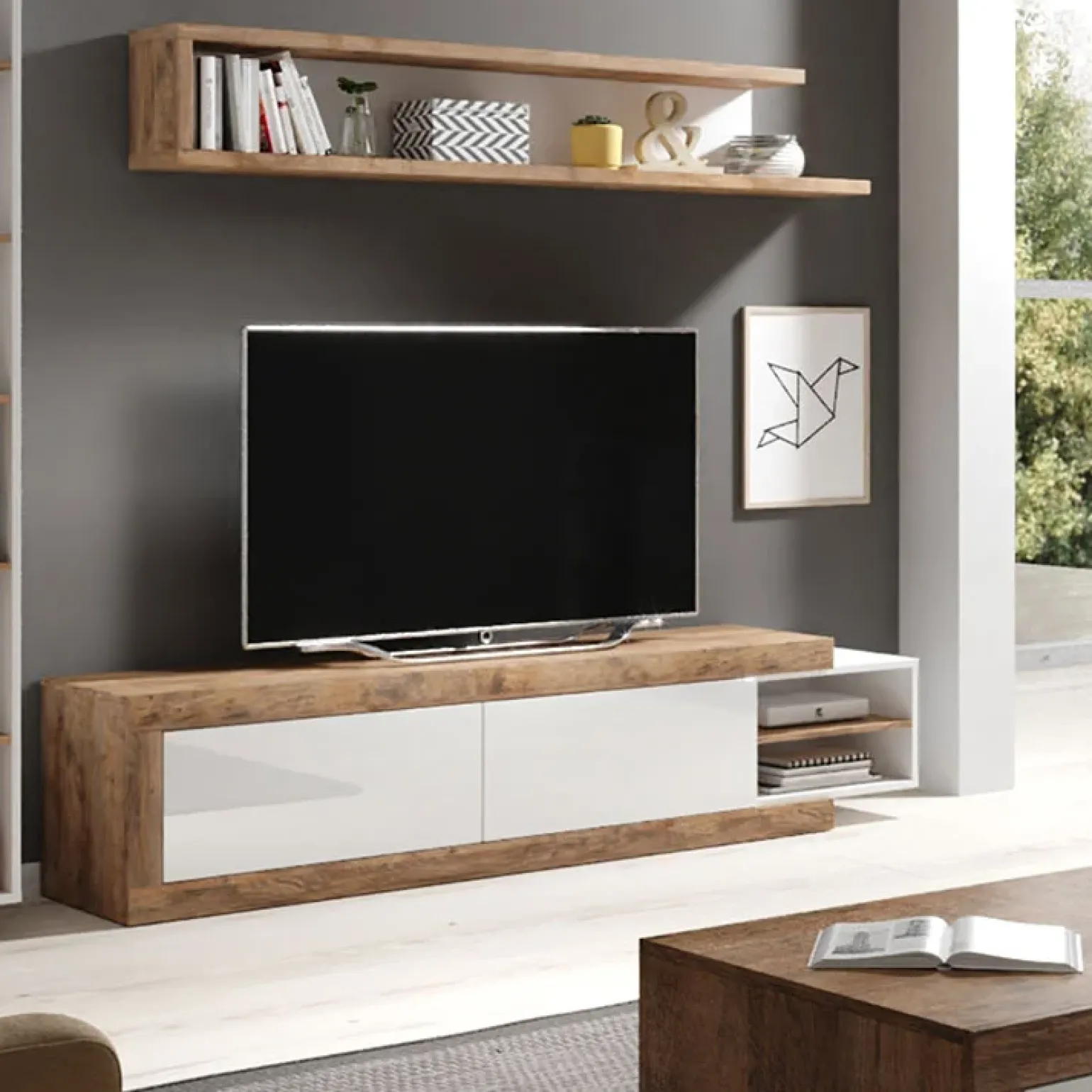 Mobile porta TV 200/242x 44h cm 2 ante moderno estraibile bianco lucido rovere Aria