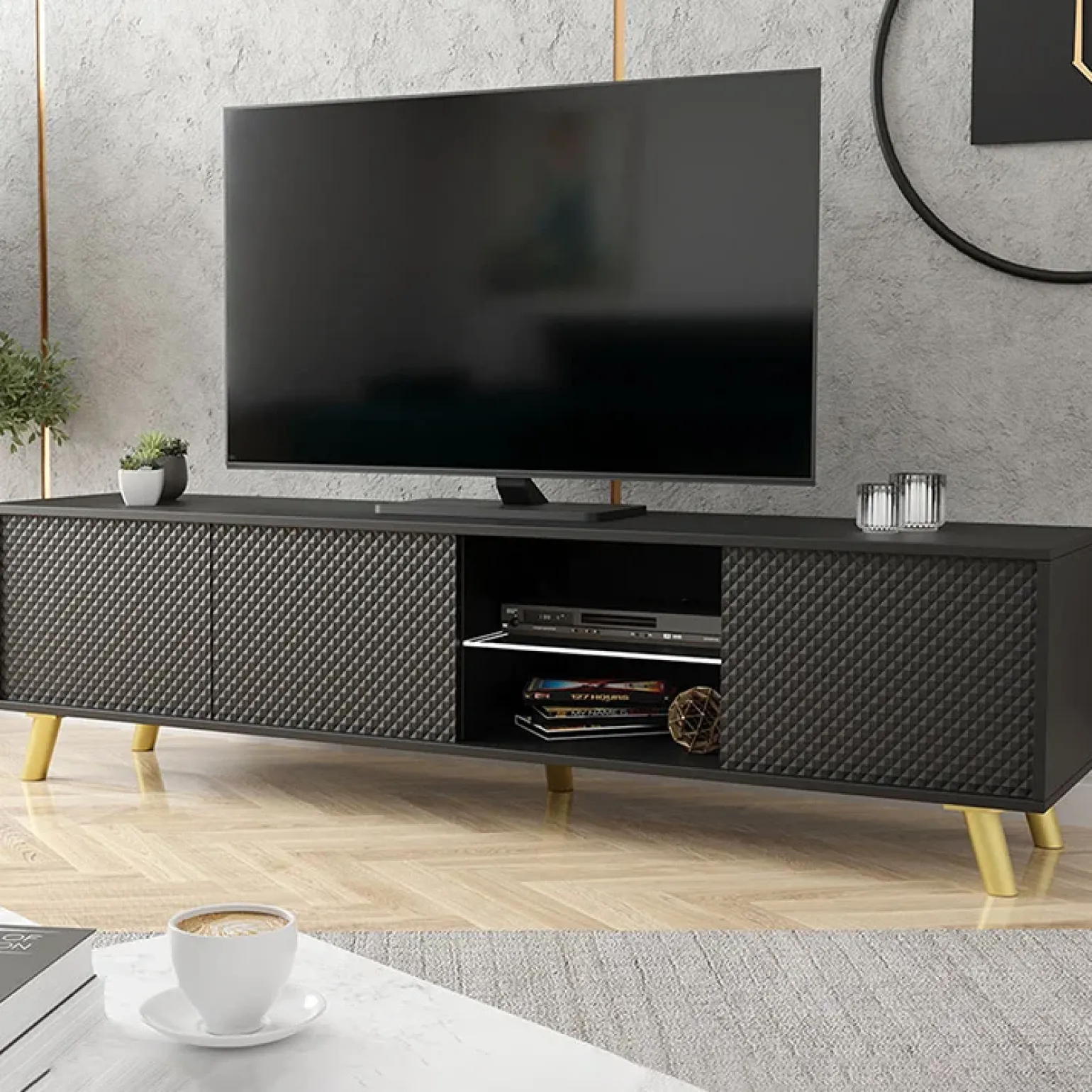 Mobile porta tv 175x42cm 2 vani a giorno 3 ante nero Nyborg