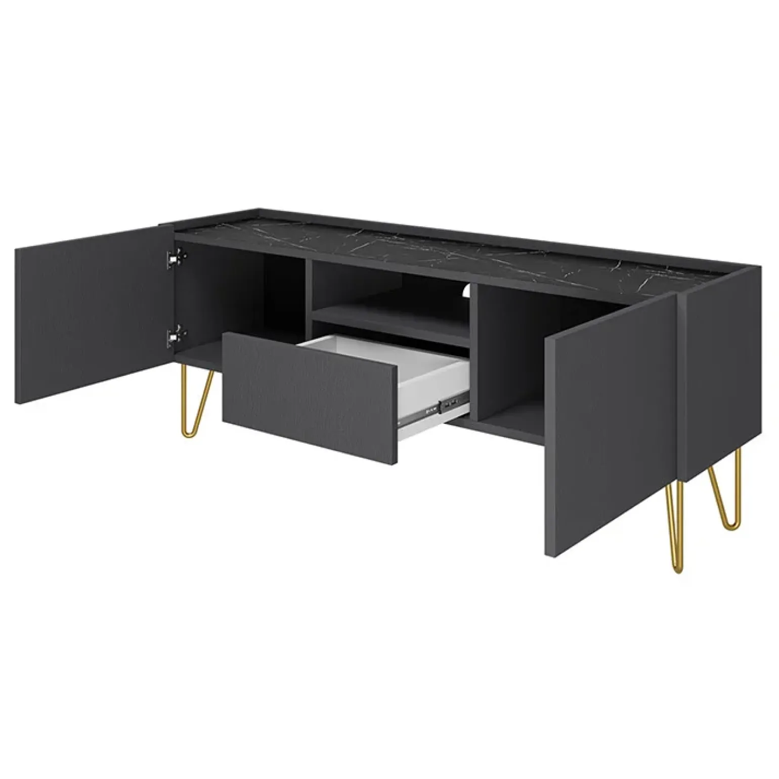 Mobile porta TV 144x55h cm 2 ante 1 cassetto grafite marmo nero Visby