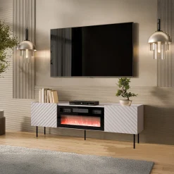 Mobile porta TV 181x59h cm 2 ante con caminetto con frontali decorati beige Daniele