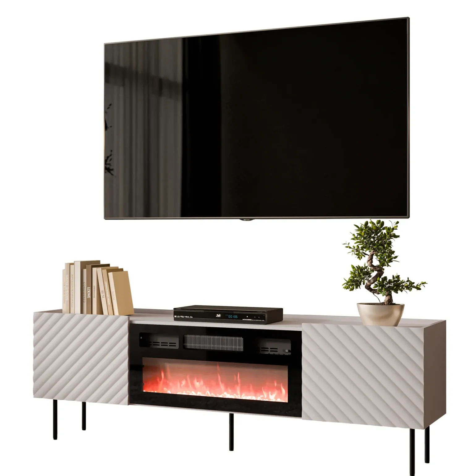 Mobile porta TV 181x59h cm 2 ante con caminetto con frontali decorati beige Daniele